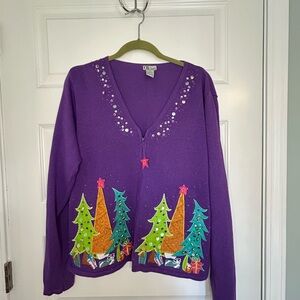 Festive Purple Cardigan with Tree Design